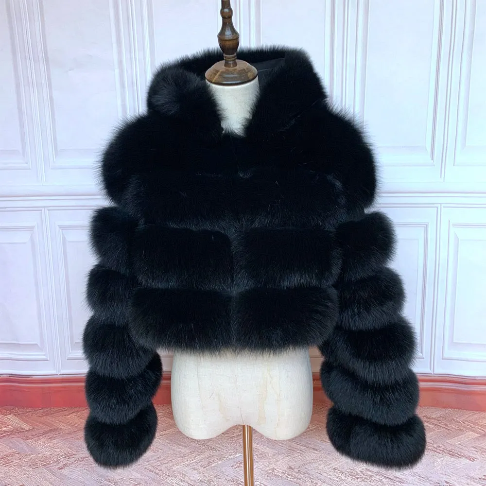 NEW 100%Winter Women Real Fox Fur Coat Thick Warm High Quality Full Sleeves New Natural Fur Fashion Hooded Short Jacket