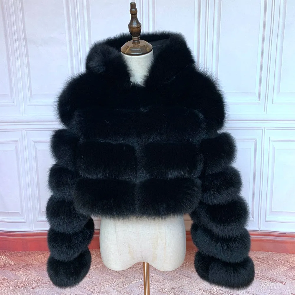 NEW 100%Winter Women Real Fox Fur Coat Thick Warm High Quality Full Sleeves New Natural Fur Fashion Hooded Short Jacket