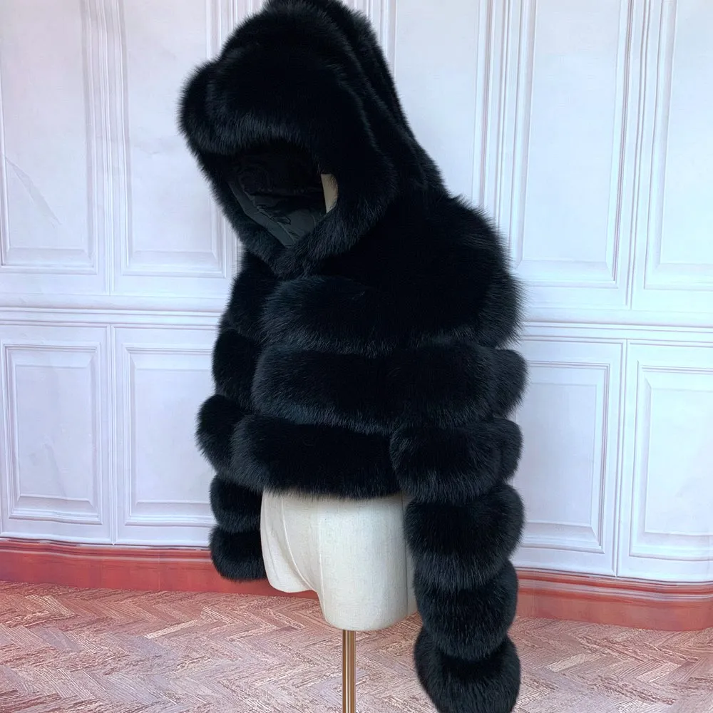 NEW 100%Winter Women Real Fox Fur Coat Thick Warm High Quality Full Sleeves New Natural Fur Fashion Hooded Short Jacket
