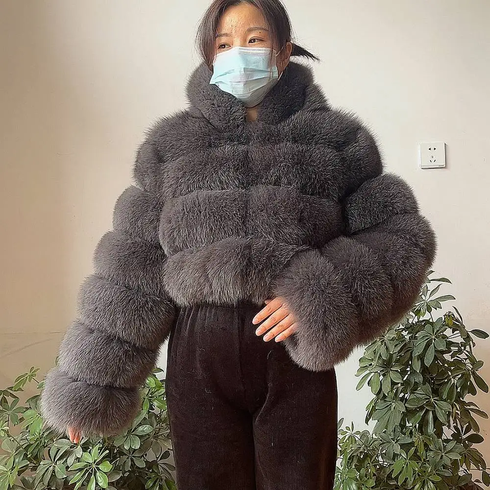 NEW 100%Winter Women Real Fox Fur Coat Thick Warm High Quality Full Sleeves New Natural Fur Fashion Hooded Short Jacket