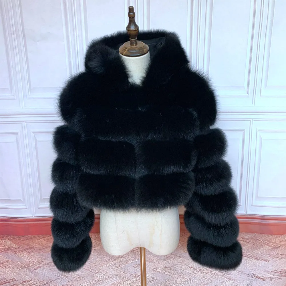 NEW 100%Winter Women Real Fox Fur Coat Thick Warm High Quality Full Sleeves New Natural Fur Fashion Hooded Short Jacket