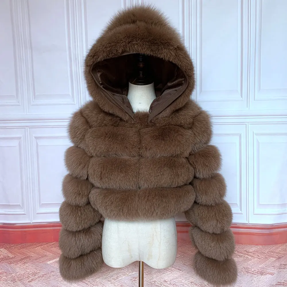 NEW 100%Winter Women Real Fox Fur Coat Thick Warm High Quality Full Sleeves New Natural Fur Fashion Hooded Short Jacket