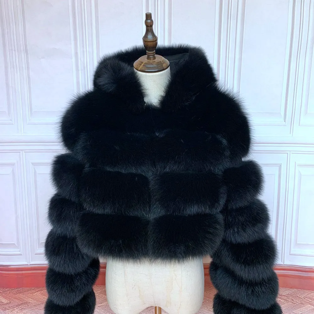 NEW 100%Winter Women Real Fox Fur Coat Thick Warm High Quality Full Sleeves New Natural Fur Fashion Hooded Short Jacket