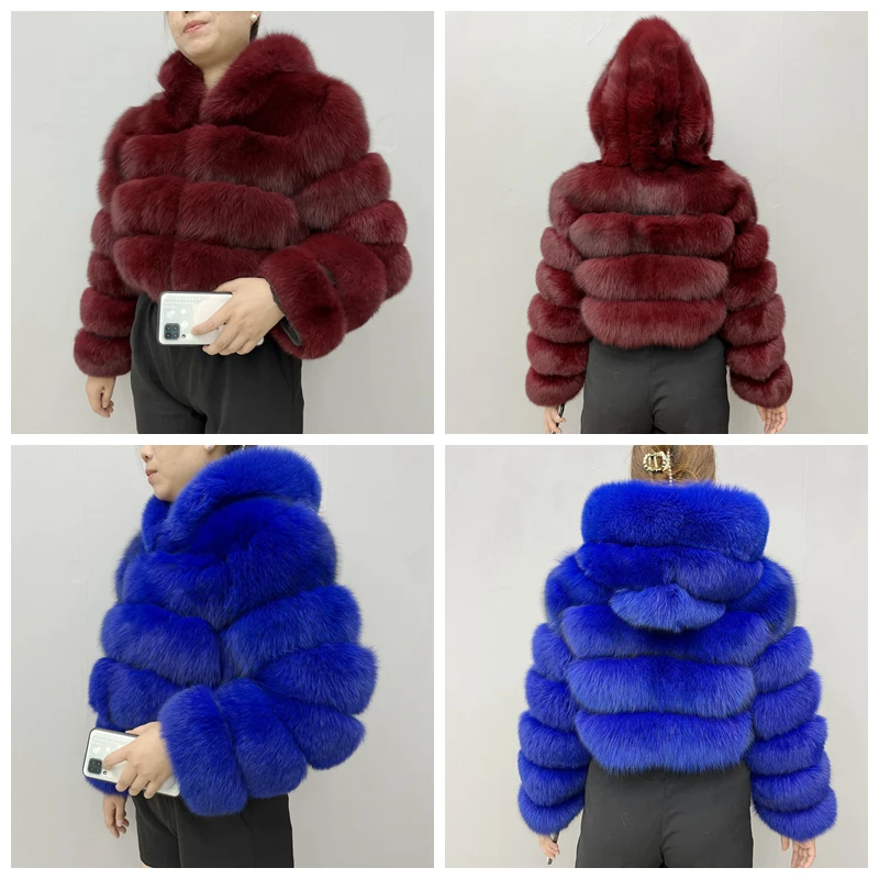 NEW 100%Winter Women Real Fox Fur Coat Thick Warm High Quality Full Sleeves New Natural Fur Fashion Hooded Short Jacket