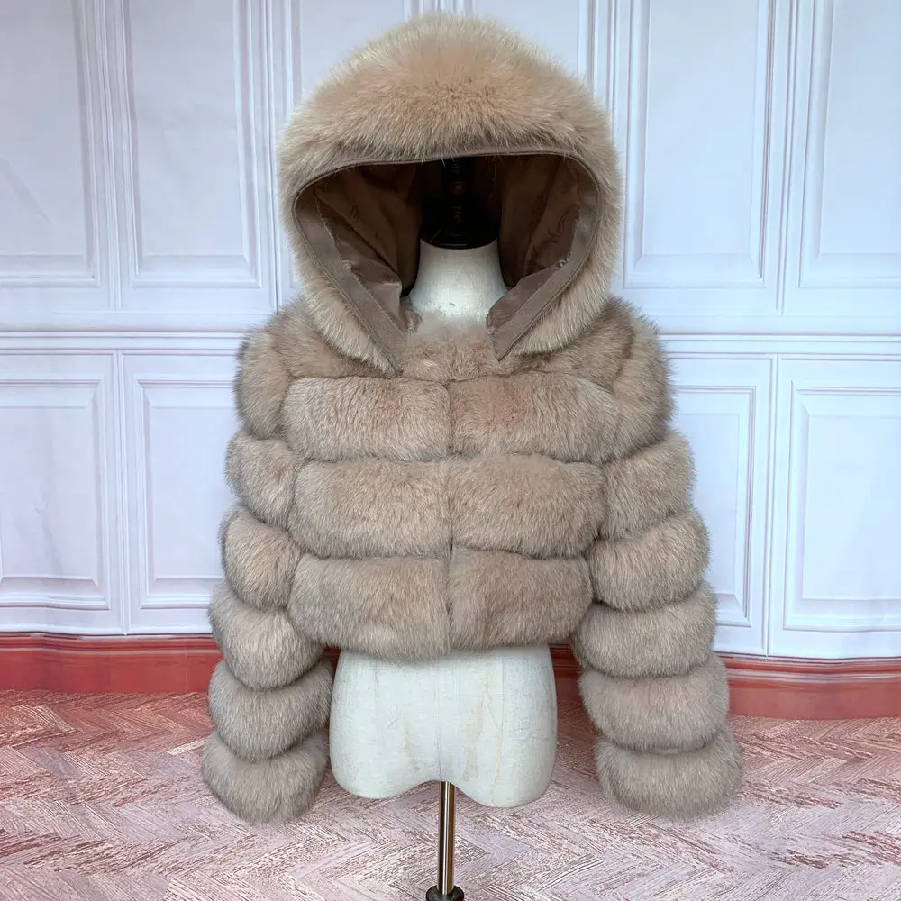 NEW 100%Winter Women Real Fox Fur Coat Thick Warm High Quality Full Sleeves New Natural Fur Fashion Hooded Short Jacket