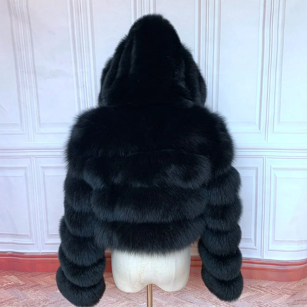 NEW 100%Winter Women Real Fox Fur Coat Thick Warm High Quality Full Sleeves New Natural Fur Fashion Hooded Short Jacket