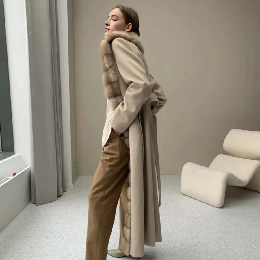 CNEGOVIK Natural Fox Fur Winter Cashmere Wool Coat Women Fur Coat Women Luxury Real Fur Warm Winter Jackets Cashmere Fur Jacket