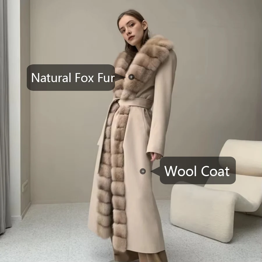 CNEGOVIK Natural Fox Fur Winter Cashmere Wool Coat Women Fur Coat Women Luxury Real Fur Warm Winter Jackets Cashmere Fur Jacket