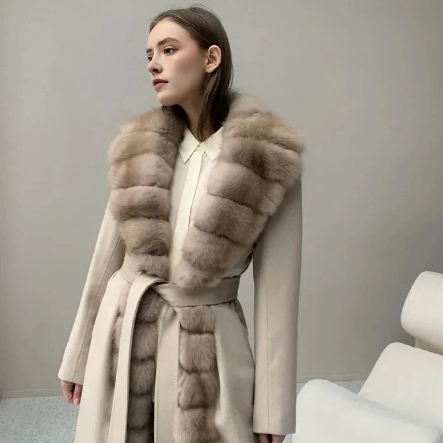 CNEGOVIK Natural Fox Fur Winter Cashmere Wool Coat Women Fur Coat Women Luxury Real Fur Warm Winter Jackets Cashmere Fur Jacket