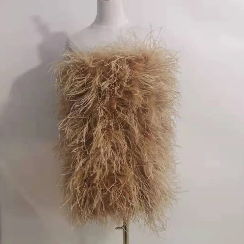 100% Natural Ostrich Hair Skirt Length 62 Cm Women's Fur Coat Real Ostrich Fur Dress Bra One Line Skirt Customizable