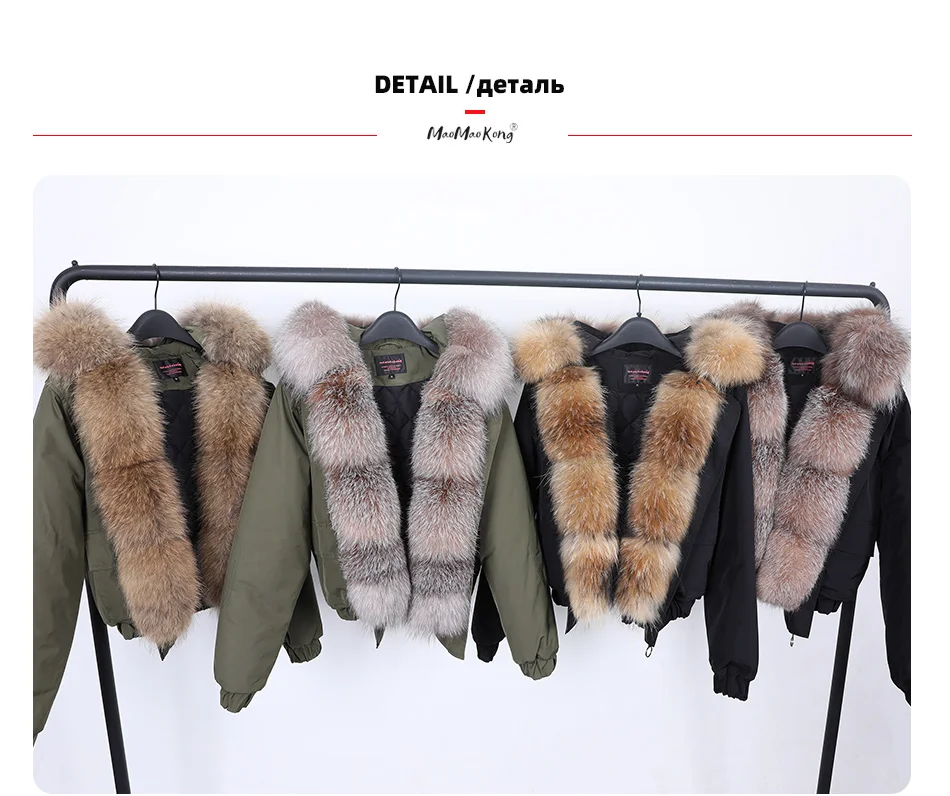 MAOMAOKONG Winter Women's Winter Real Fox Fur Black Parka Jacket Slim Fit With Big Natural Raccoon Placket Fur Collar Short Coat