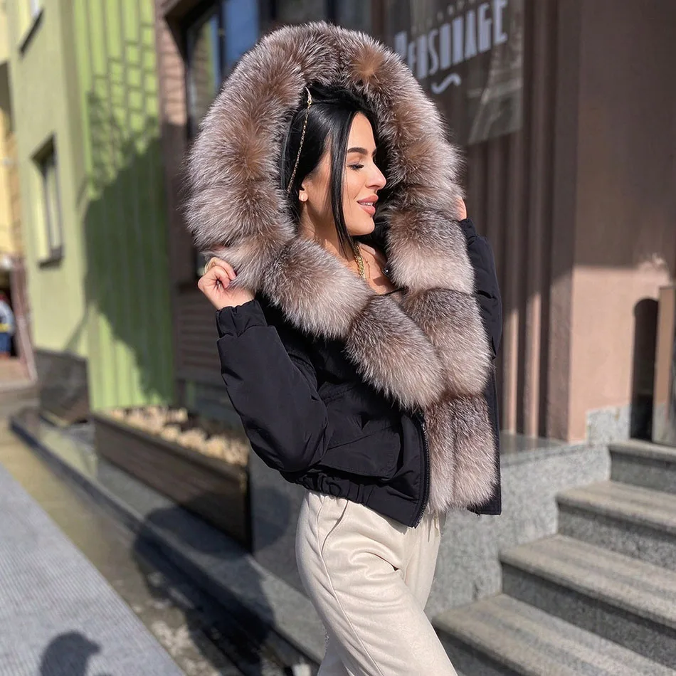 MAOMAOKONG Winter Women's Winter Real Fox Fur Black Parka Jacket Slim Fit With Big Natural Raccoon Placket Fur Collar Short Coat