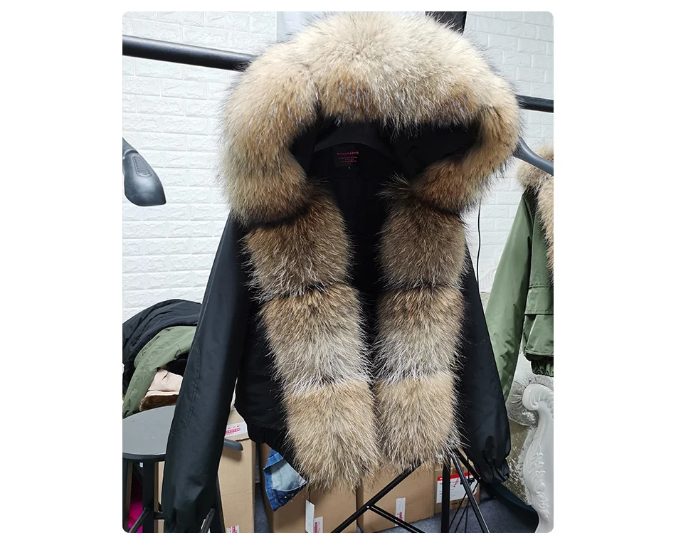 MAOMAOKONG Winter Women's Winter Real Fox Fur Black Parka Jacket Slim Fit With Big Natural Raccoon Placket Fur Collar Short Coat