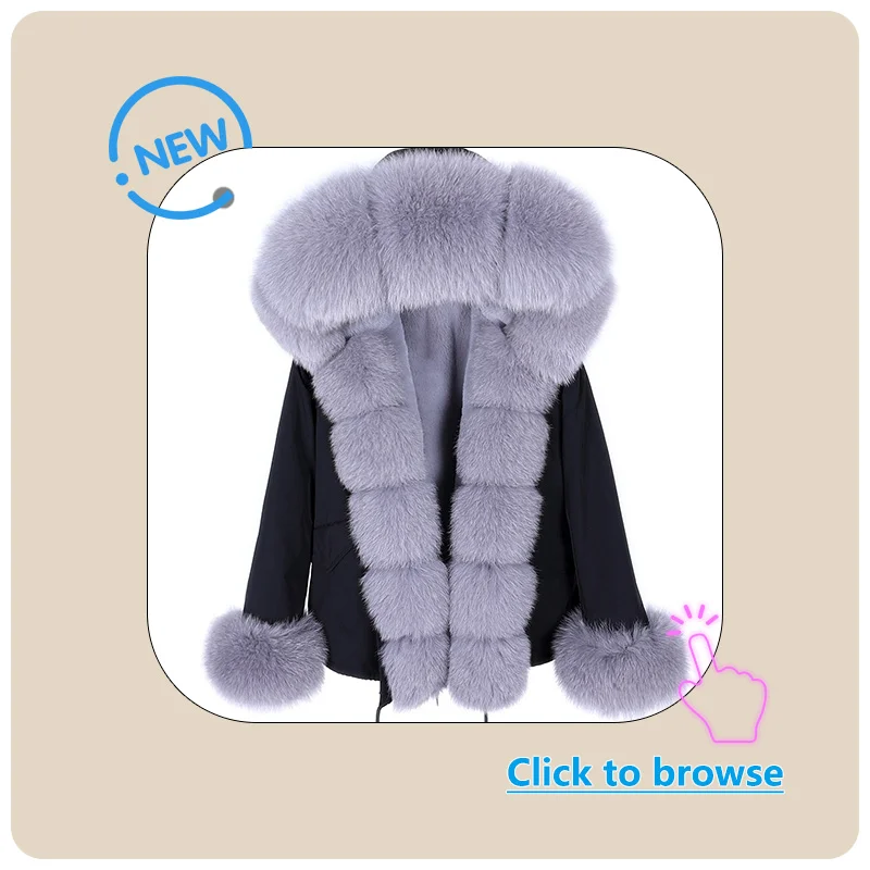 MAOMAOKONG Winter Women's Winter Real Fox Fur Black Parka Jacket Slim Fit With Big Natural Raccoon Placket Fur Collar Short Coat