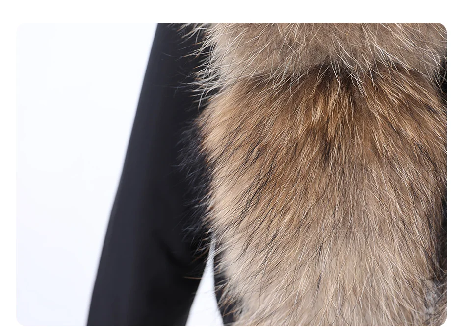 MAOMAOKONG Winter Women's Winter Real Fox Fur Black Parka Jacket Slim Fit With Big Natural Raccoon Placket Fur Collar Short Coat