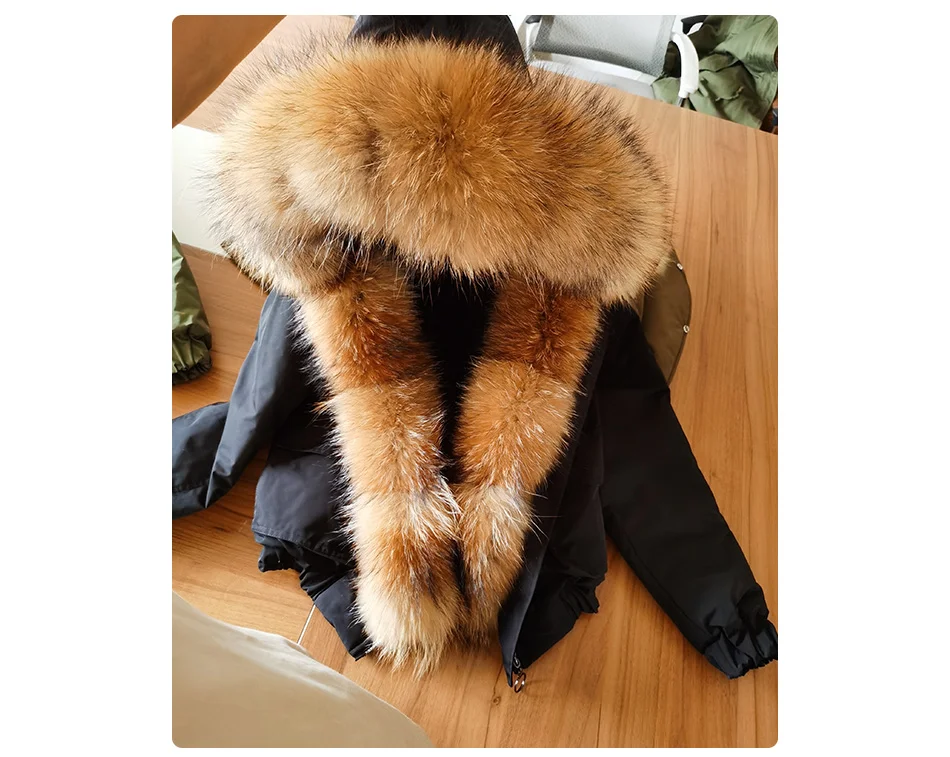 MAOMAOKONG Winter Women's Winter Real Fox Fur Black Parka Jacket Slim Fit With Big Natural Raccoon Placket Fur Collar Short Coat