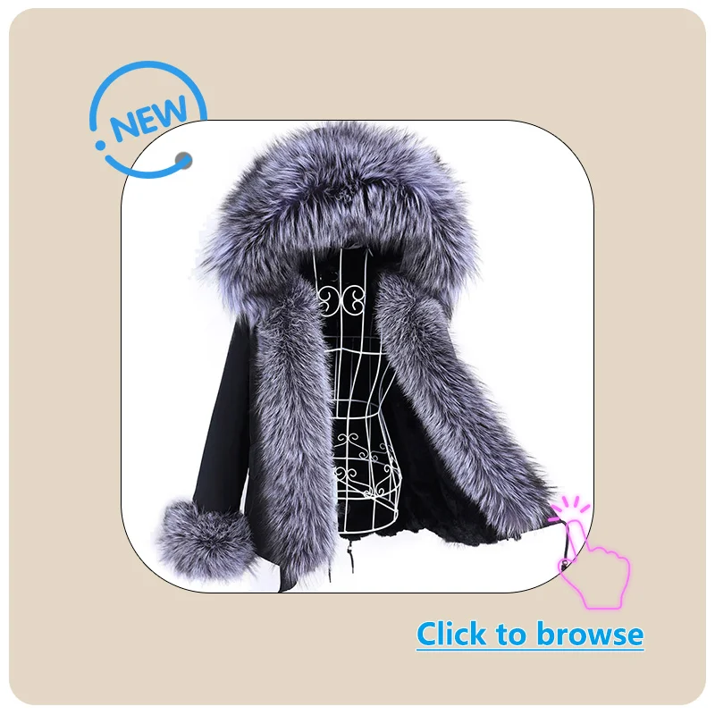 MAOMAOKONG Winter Women's Winter Real Fox Fur Black Parka Jacket Slim Fit With Big Natural Raccoon Placket Fur Collar Short Coat