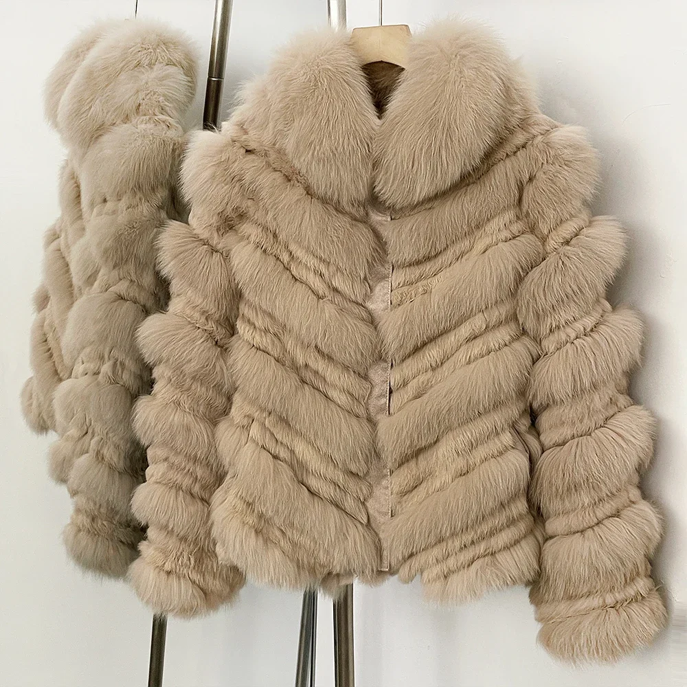 OFTBUY New Luxury Winter Outerwear Female Women's Reversible Real Fox Fur Coat Chevron Quilted Short Fur Jacket with High Collar