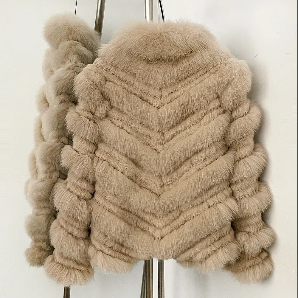 OFTBUY New Luxury Winter Outerwear Female Women's Reversible Real Fox Fur Coat Chevron Quilted Short Fur Jacket with High Collar