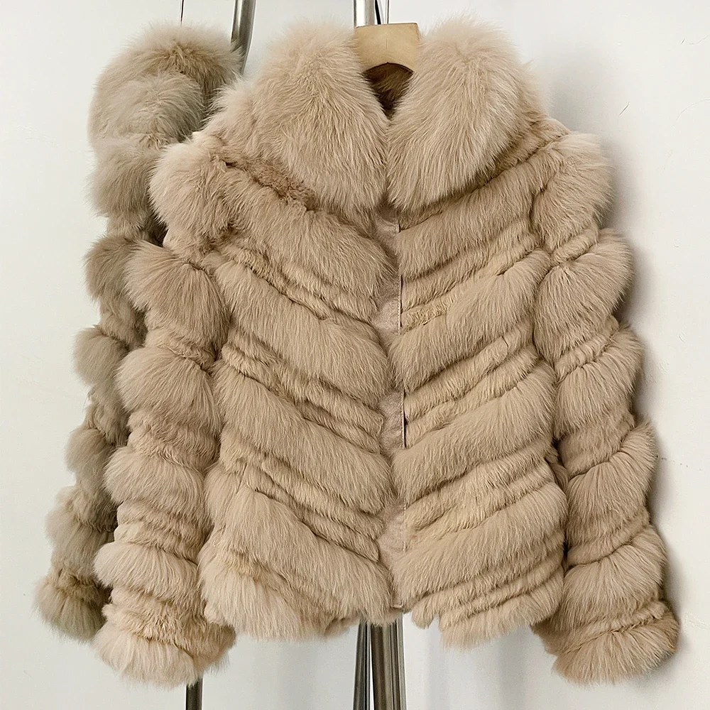 OFTBUY New Luxury Winter Outerwear Female Women's Reversible Real Fox Fur Coat Chevron Quilted Short Fur Jacket with High Collar