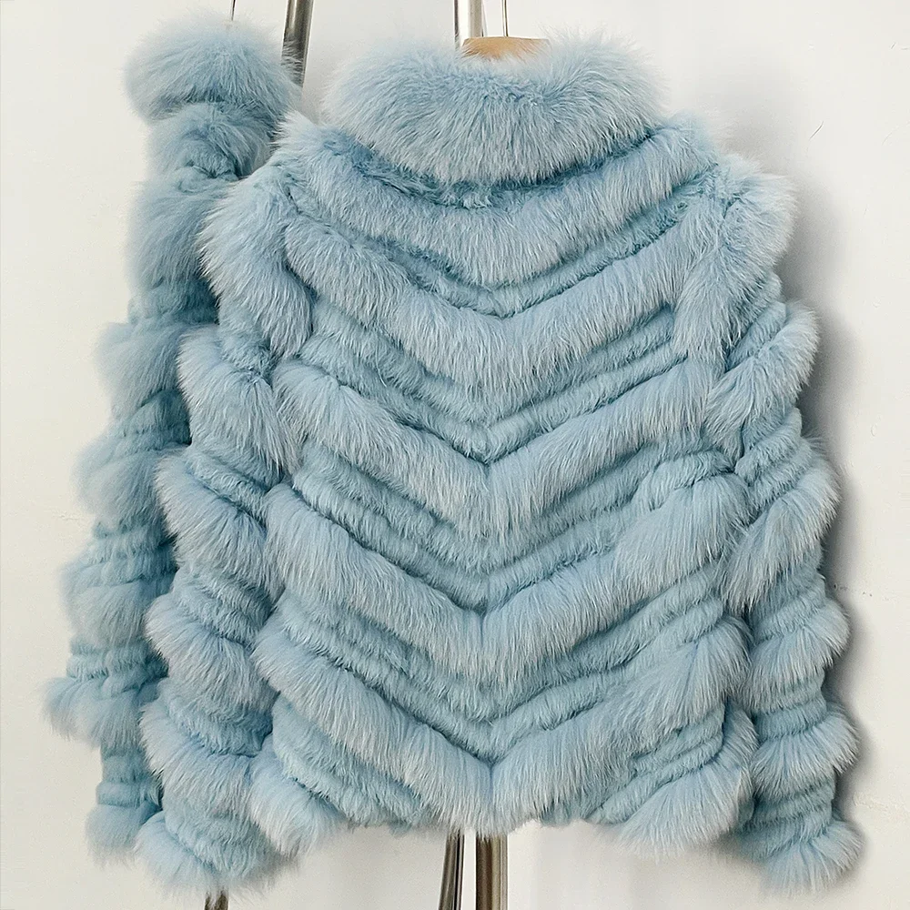 OFTBUY New Luxury Winter Outerwear Female Women's Reversible Real Fox Fur Coat Chevron Quilted Short Fur Jacket with High Collar