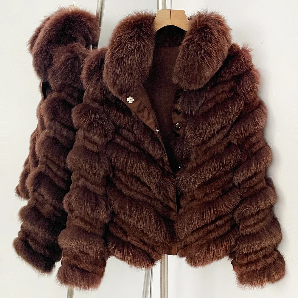 OFTBUY New Luxury Winter Outerwear Female Women's Reversible Real Fox Fur Coat Chevron Quilted Short Fur Jacket with High Collar