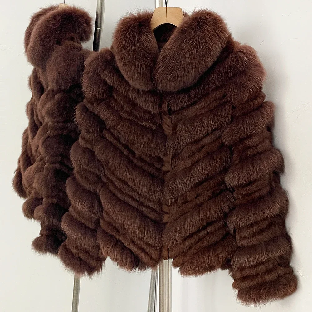 OFTBUY New Luxury Winter Outerwear Female Women's Reversible Real Fox Fur Coat Chevron Quilted Short Fur Jacket with High Collar