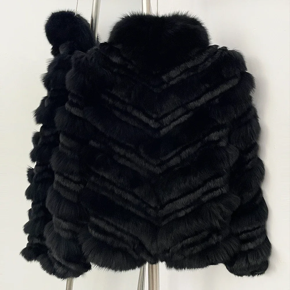 OFTBUY New Luxury Winter Outerwear Female Women's Reversible Real Fox Fur Coat Chevron Quilted Short Fur Jacket with High Collar