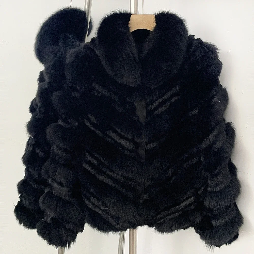 OFTBUY New Luxury Winter Outerwear Female Women's Reversible Real Fox Fur Coat Chevron Quilted Short Fur Jacket with High Collar