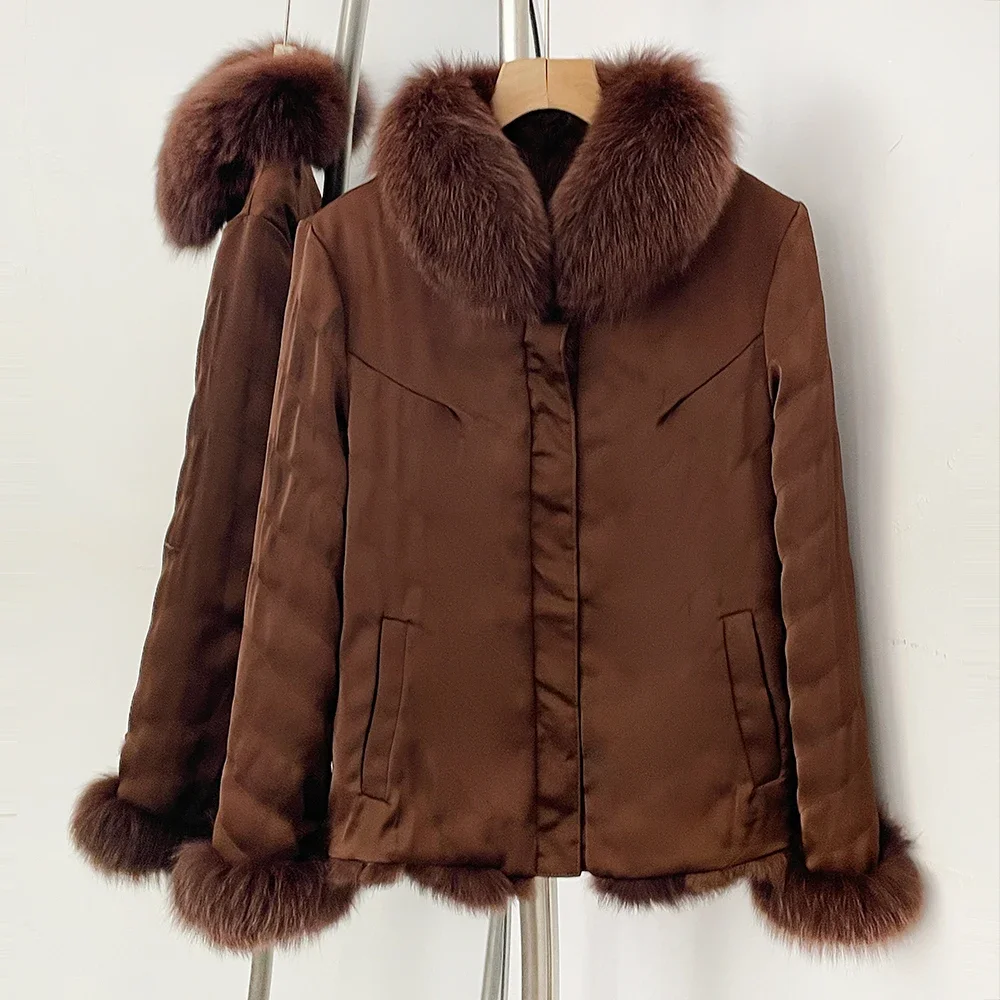 OFTBUY New Luxury Winter Outerwear Female Women's Reversible Real Fox Fur Coat Chevron Quilted Short Fur Jacket with High Collar