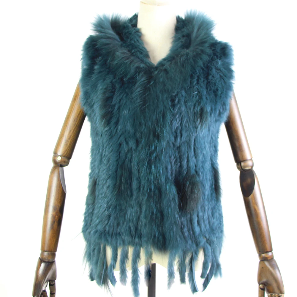 Harppihop fashion rabbit fur vest raccoon fur trimming knitted rabbit fur vest with hood fur waistcoat gilet
