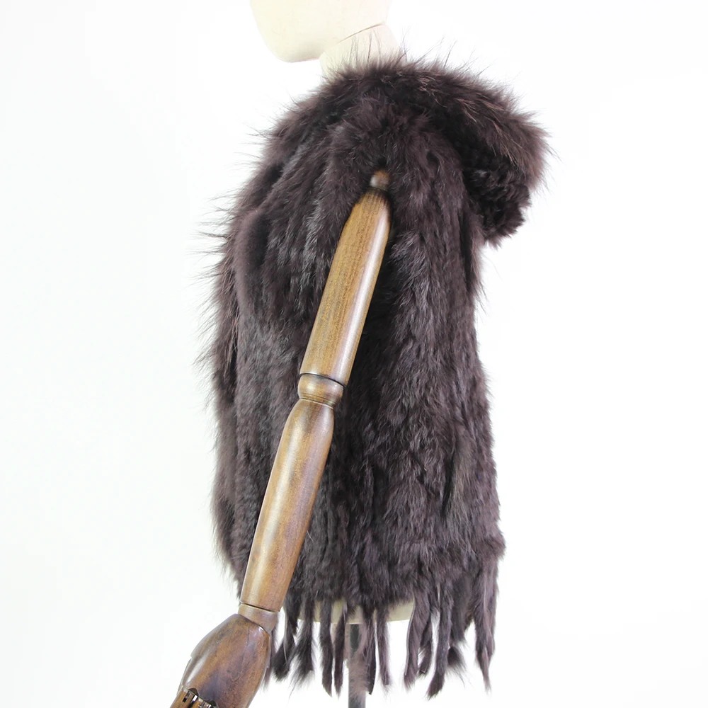 Harppihop fashion rabbit fur vest raccoon fur trimming knitted rabbit fur vest with hood fur waistcoat gilet
