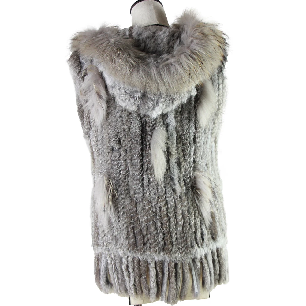 Harppihop fashion rabbit fur vest raccoon fur trimming knitted rabbit fur vest with hood fur waistcoat gilet