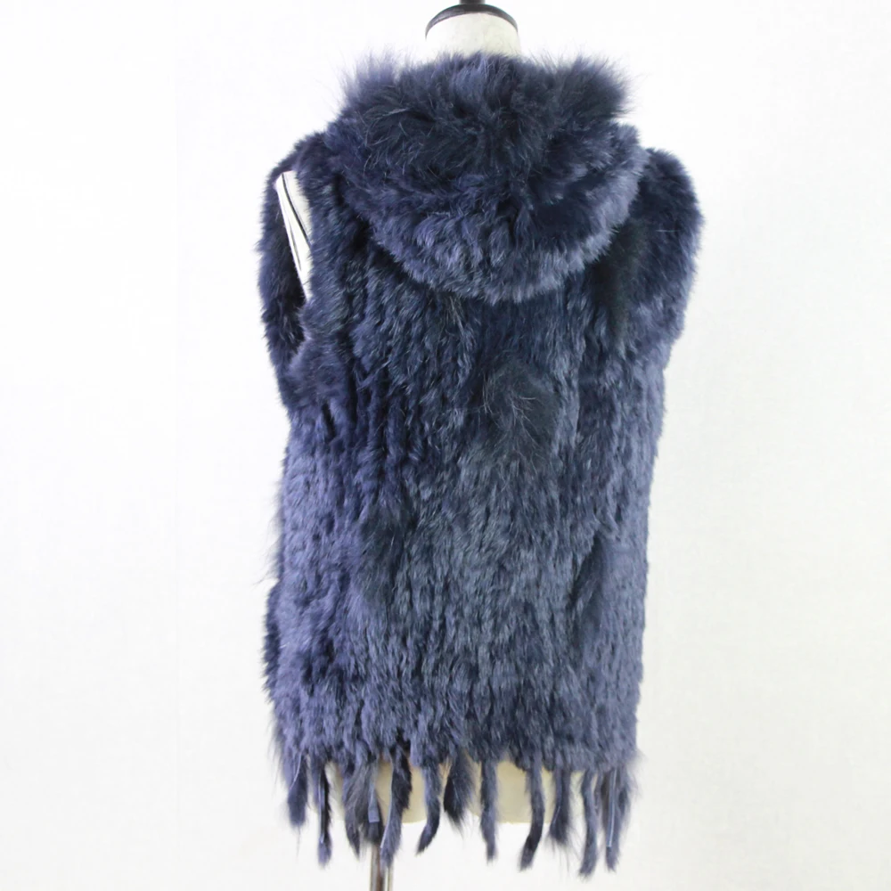 Harppihop fashion rabbit fur vest raccoon fur trimming knitted rabbit fur vest with hood fur waistcoat gilet