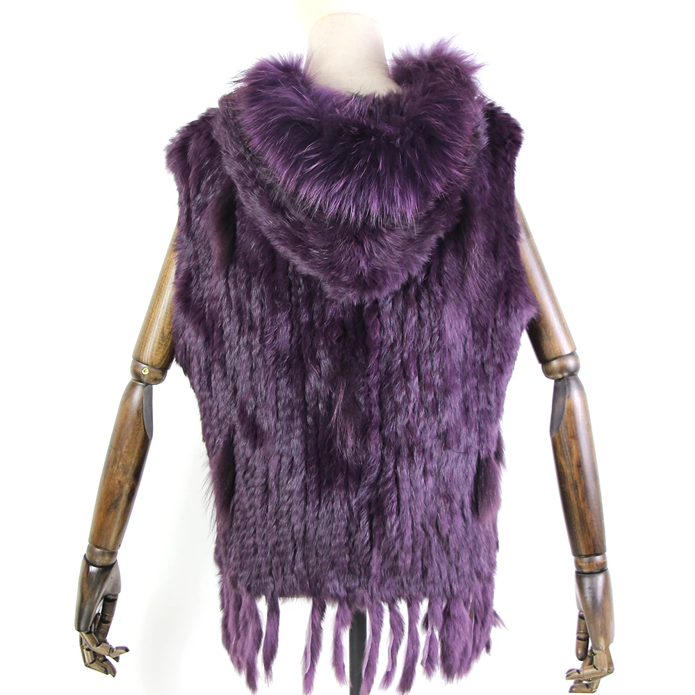 Harppihop fashion rabbit fur vest raccoon fur trimming knitted rabbit fur vest with hood fur waistcoat gilet