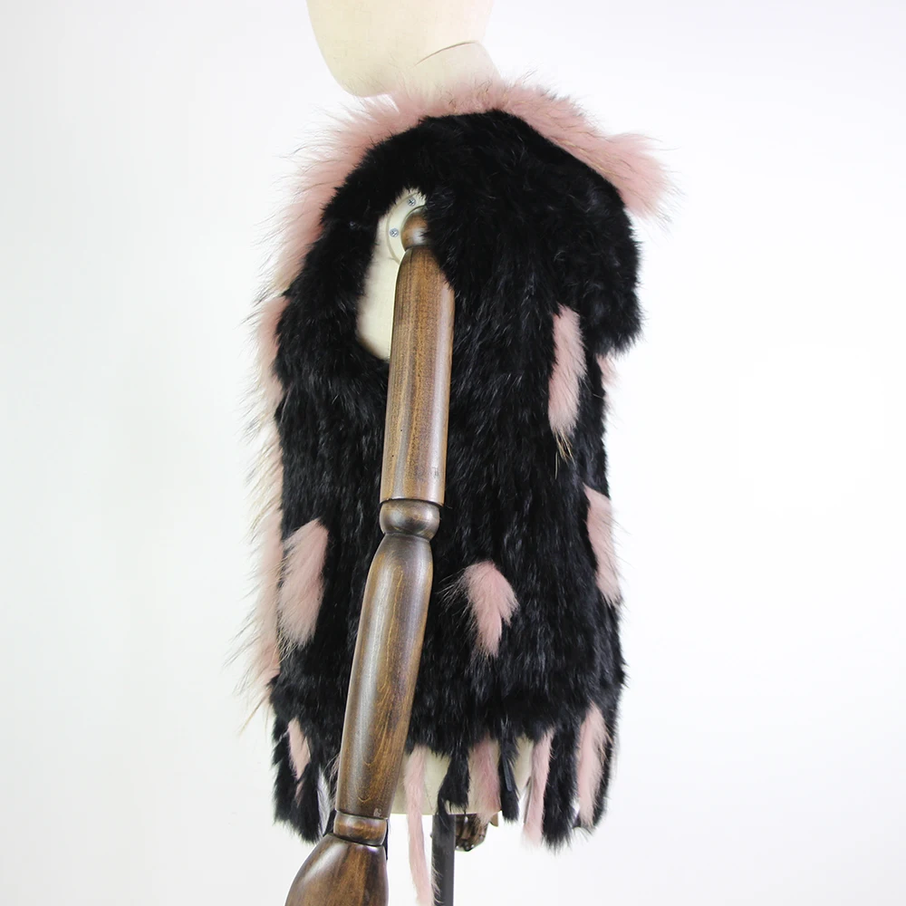 Harppihop fashion rabbit fur vest raccoon fur trimming knitted rabbit fur vest with hood fur waistcoat gilet