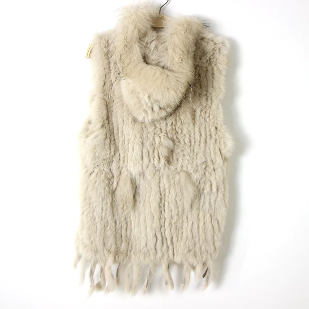 Harppihop fashion rabbit fur vest raccoon fur trimming knitted rabbit fur vest with hood fur waistcoat gilet