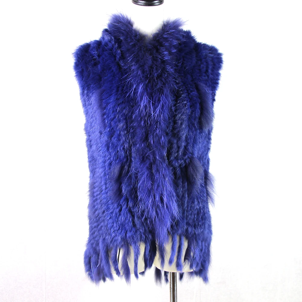 Harppihop fashion rabbit fur vest raccoon fur trimming knitted rabbit fur vest with hood fur waistcoat gilet