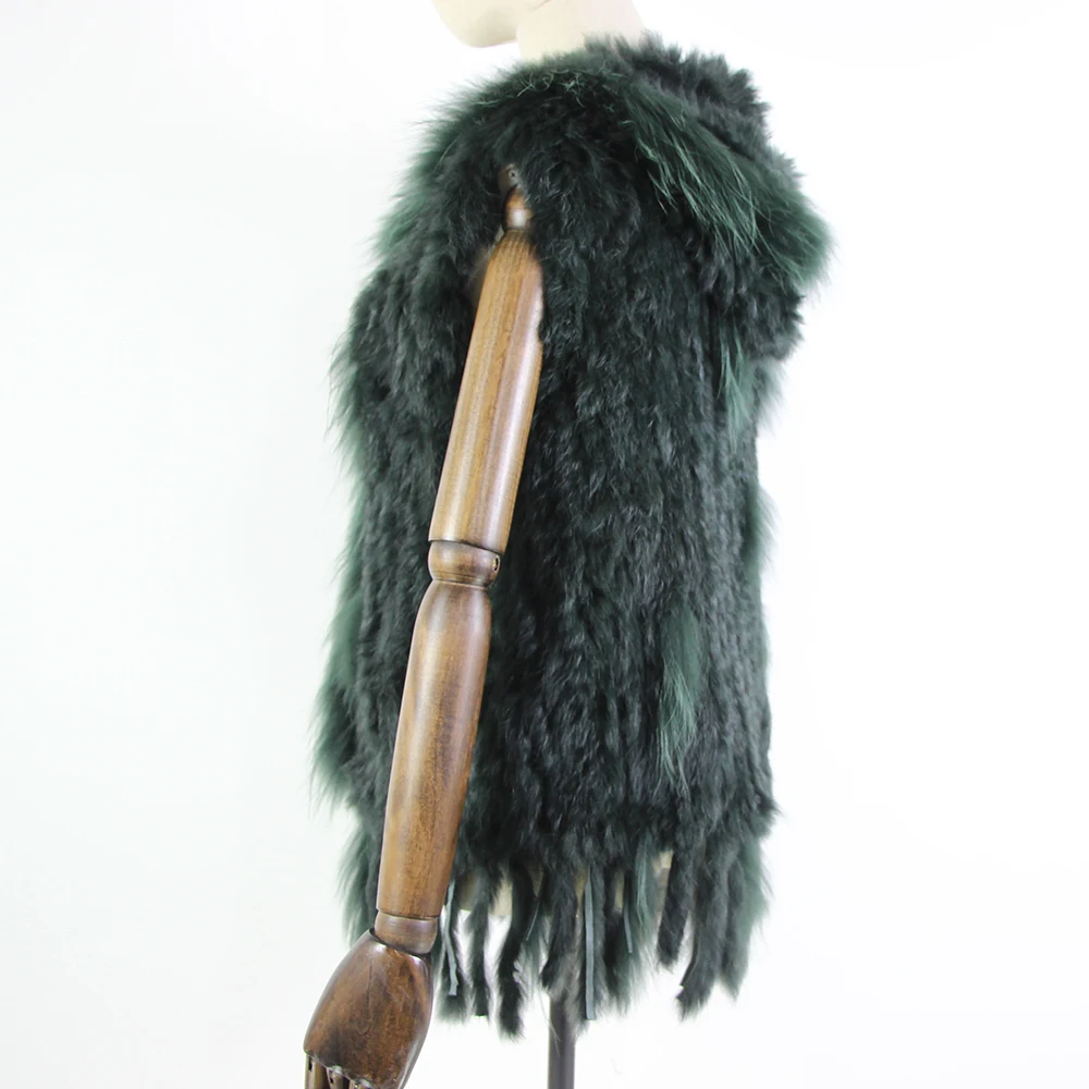 Harppihop fashion rabbit fur vest raccoon fur trimming knitted rabbit fur vest with hood fur waistcoat gilet