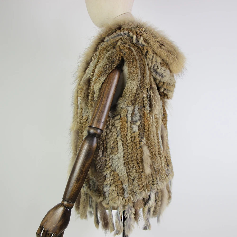 Harppihop fashion rabbit fur vest raccoon fur trimming knitted rabbit fur vest with hood fur waistcoat gilet