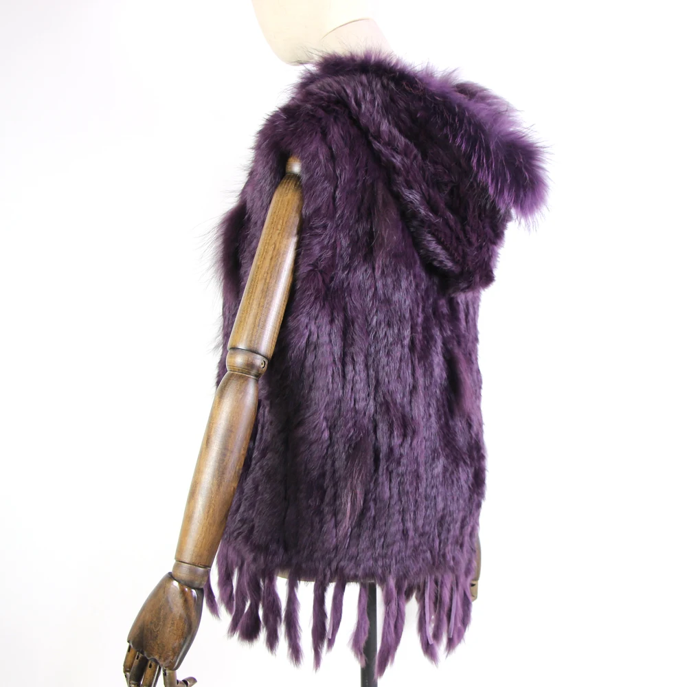 Harppihop fashion rabbit fur vest raccoon fur trimming knitted rabbit fur vest with hood fur waistcoat gilet