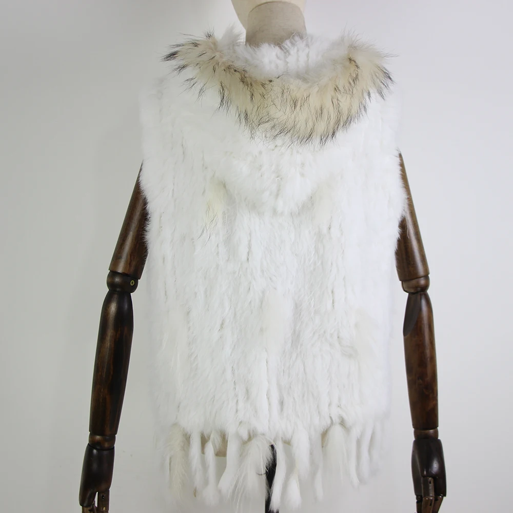 Harppihop fashion rabbit fur vest raccoon fur trimming knitted rabbit fur vest with hood fur waistcoat gilet
