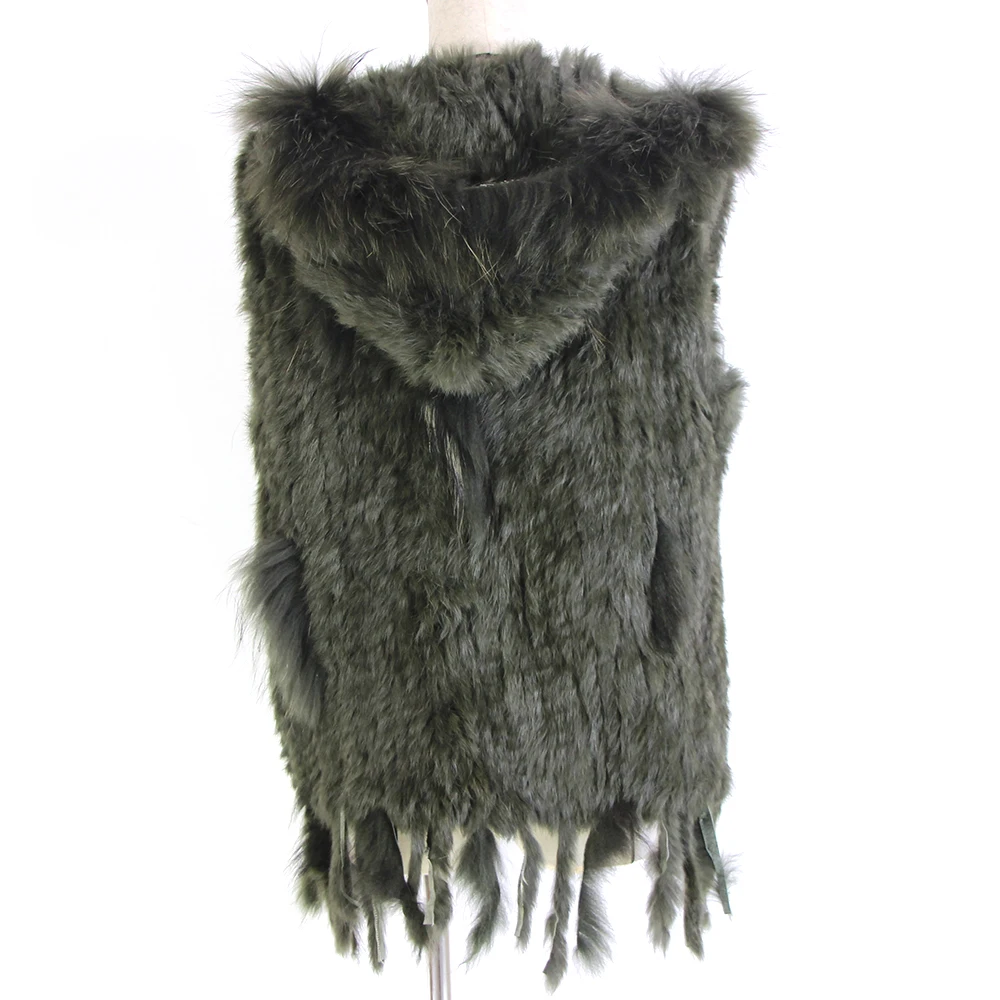 Harppihop fashion rabbit fur vest raccoon fur trimming knitted rabbit fur vest with hood fur waistcoat gilet
