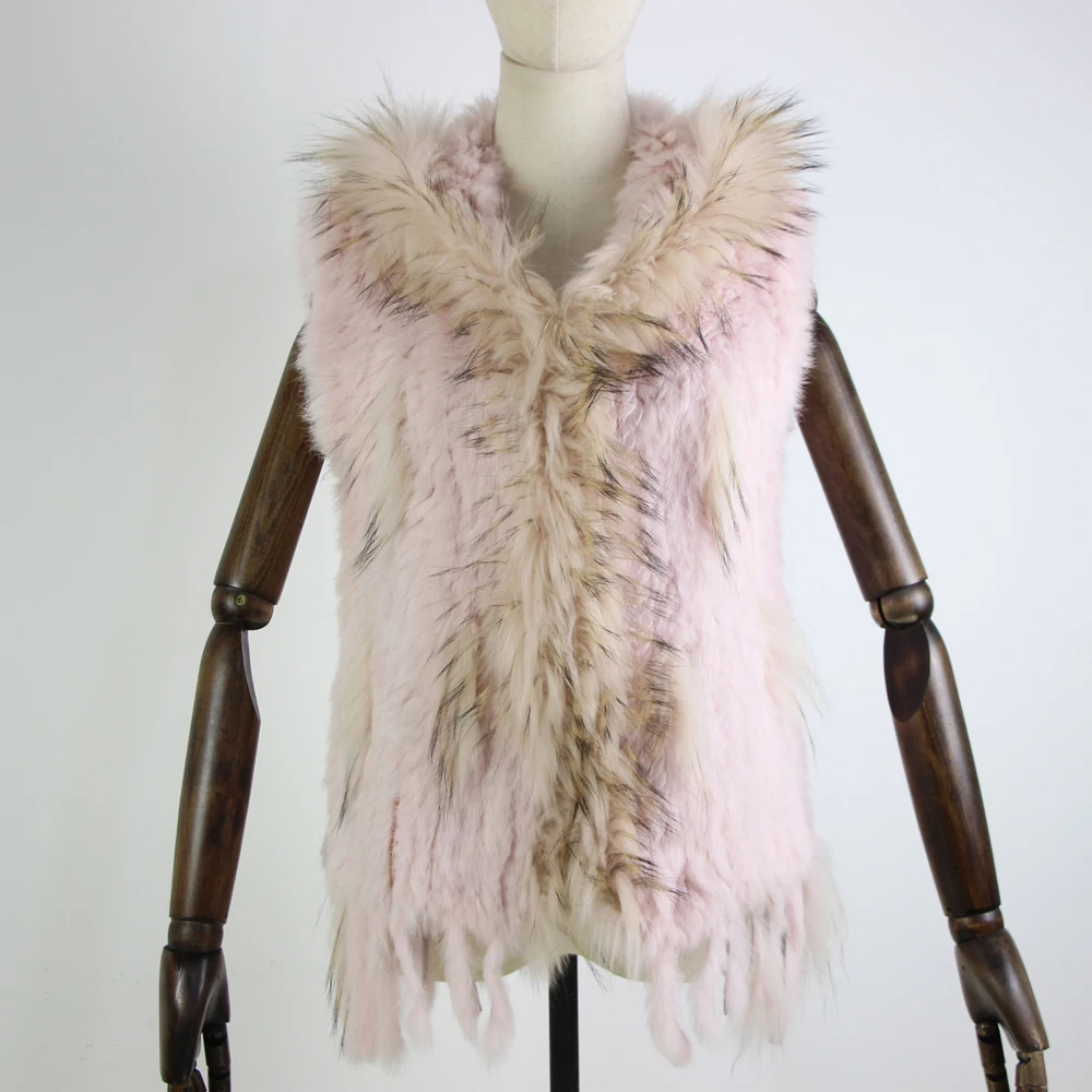 Harppihop fashion rabbit fur vest raccoon fur trimming knitted rabbit fur vest with hood fur waistcoat gilet