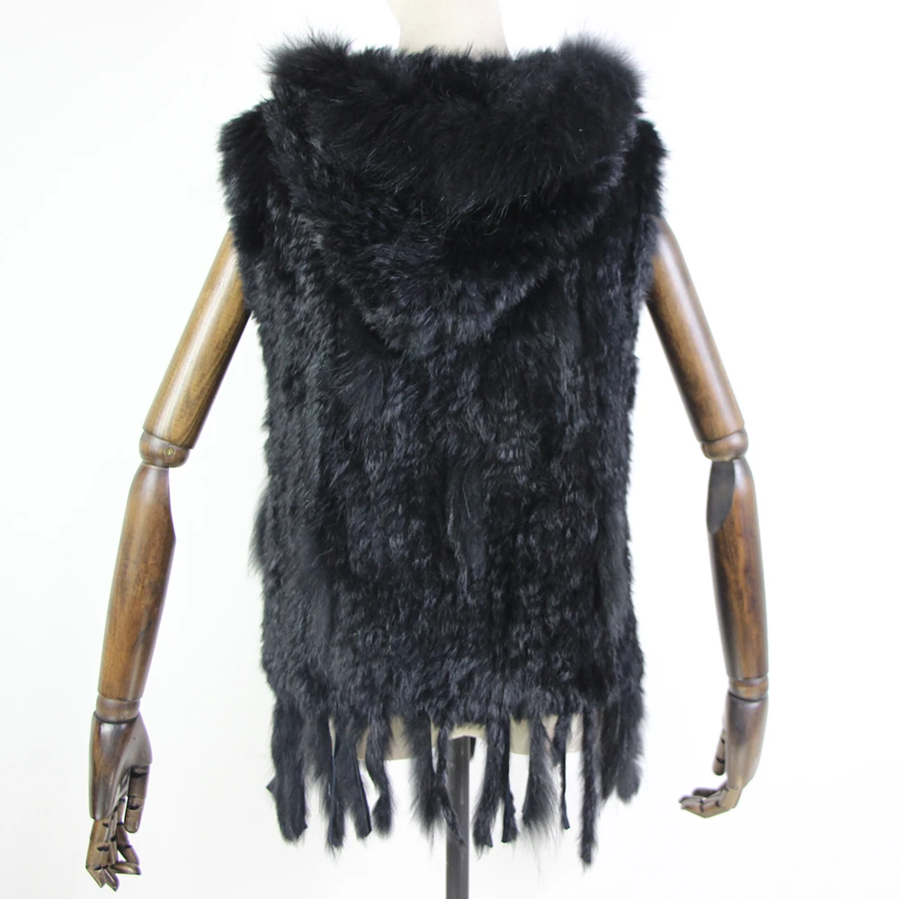 Harppihop fashion rabbit fur vest raccoon fur trimming knitted rabbit fur vest with hood fur waistcoat gilet