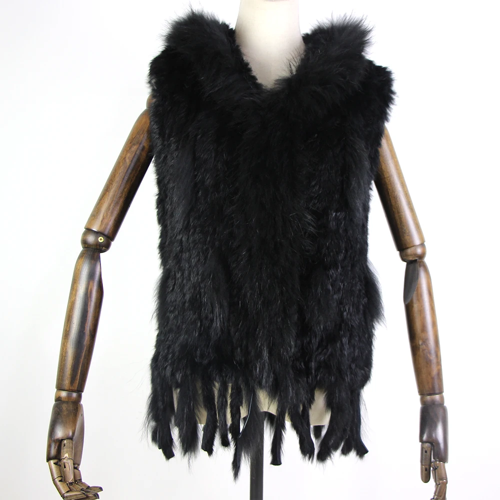 Harppihop fashion rabbit fur vest raccoon fur trimming knitted rabbit fur vest with hood fur waistcoat gilet