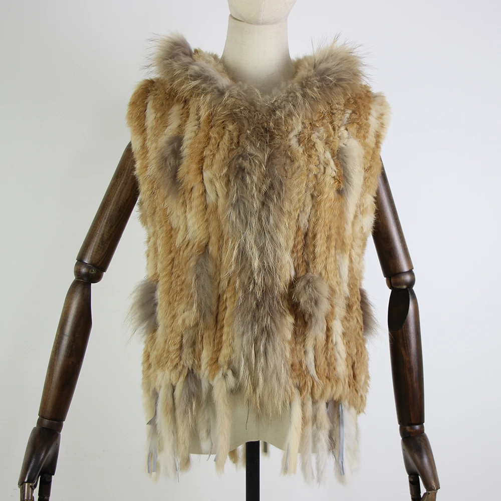 Harppihop fashion rabbit fur vest raccoon fur trimming knitted rabbit fur vest with hood fur waistcoat gilet