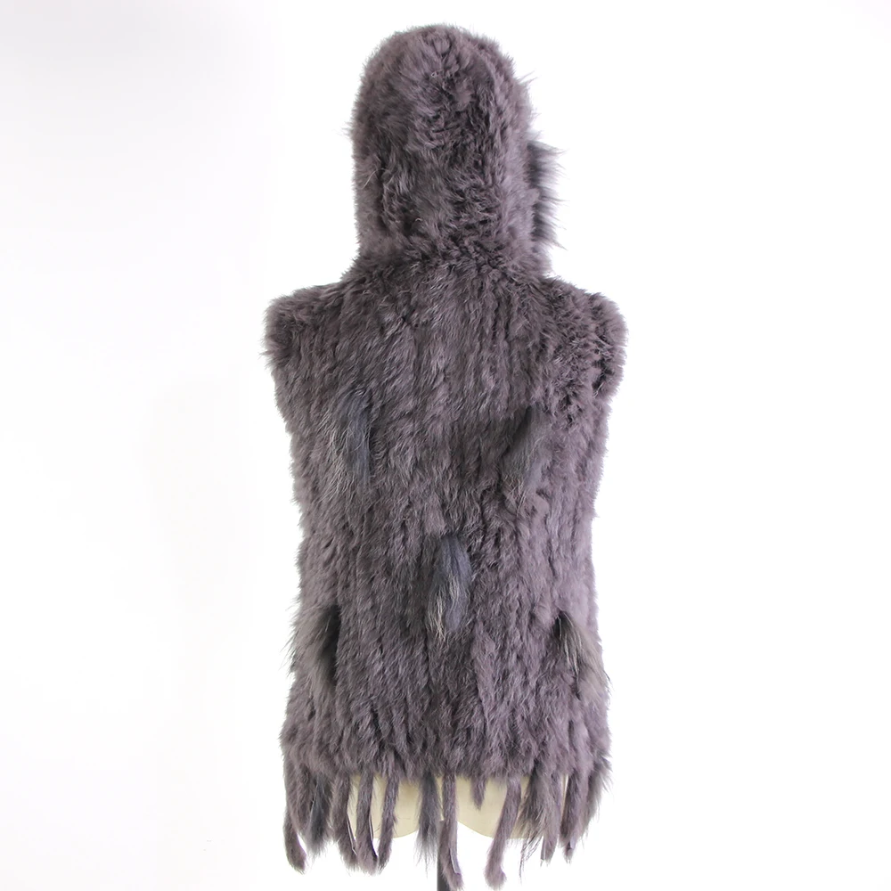 Harppihop fashion rabbit fur vest raccoon fur trimming knitted rabbit fur vest with hood fur waistcoat gilet