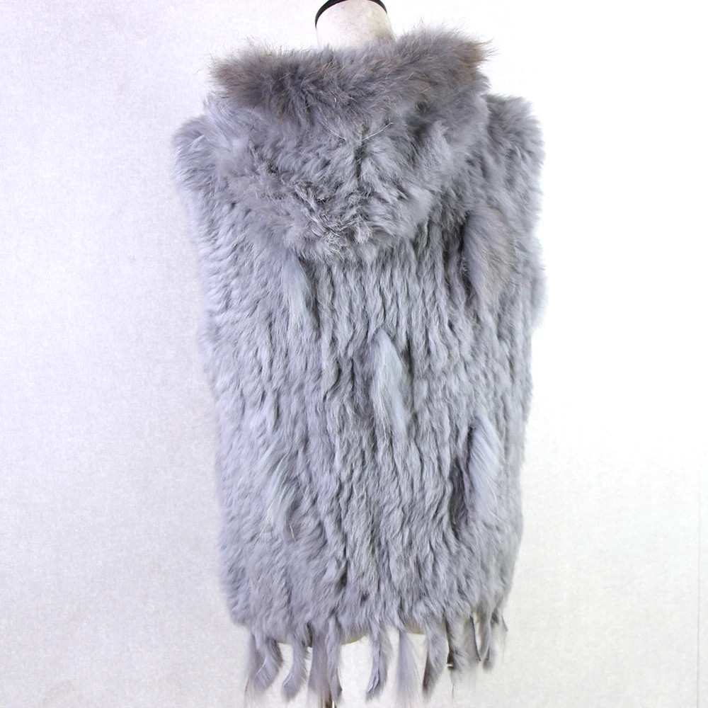 Harppihop fashion rabbit fur vest raccoon fur trimming knitted rabbit fur vest with hood fur waistcoat gilet