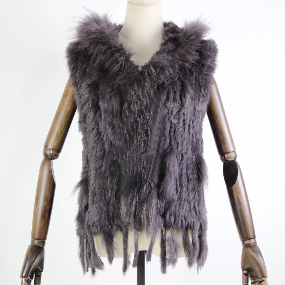 Harppihop fashion rabbit fur vest raccoon fur trimming knitted rabbit fur vest with hood fur waistcoat gilet